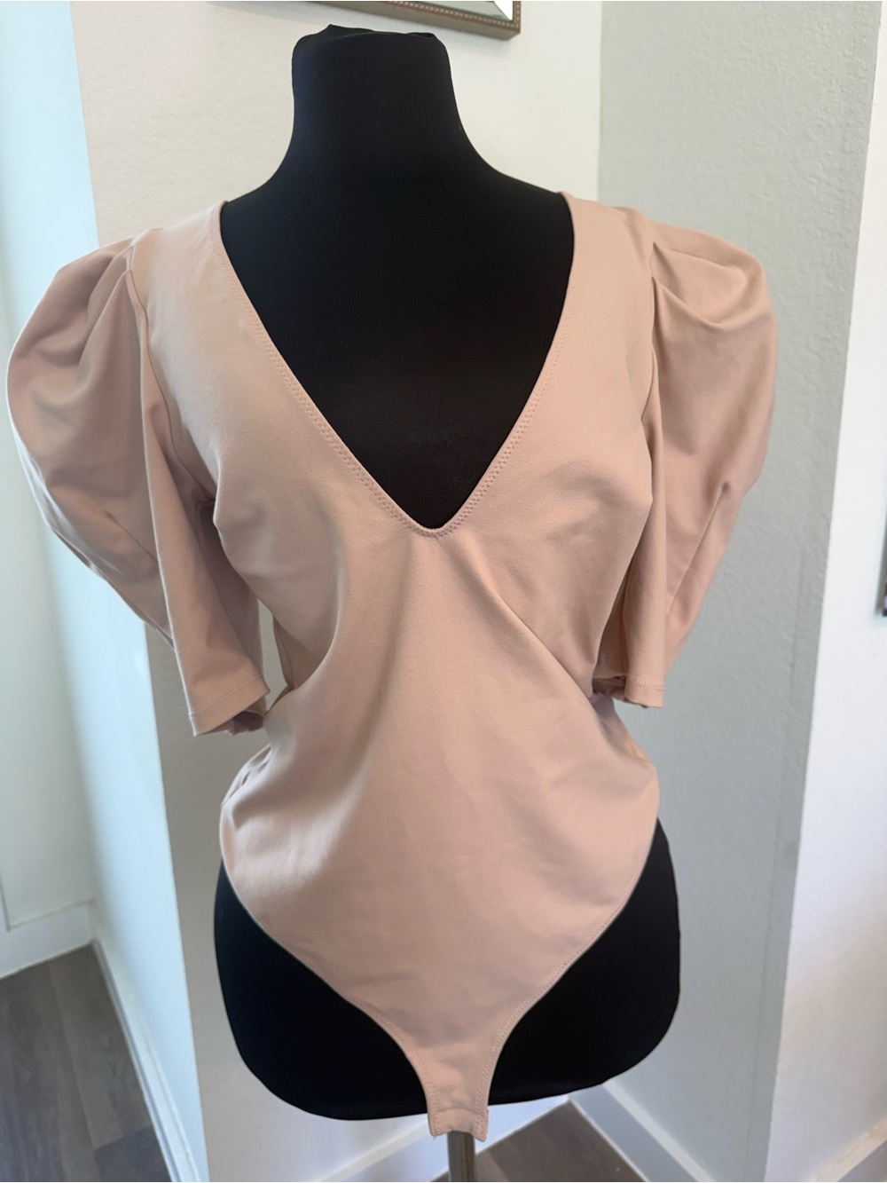 Free People Beige Nude Puff Sleeve V-Neck Bodysuit Quiet Luxury Capsule